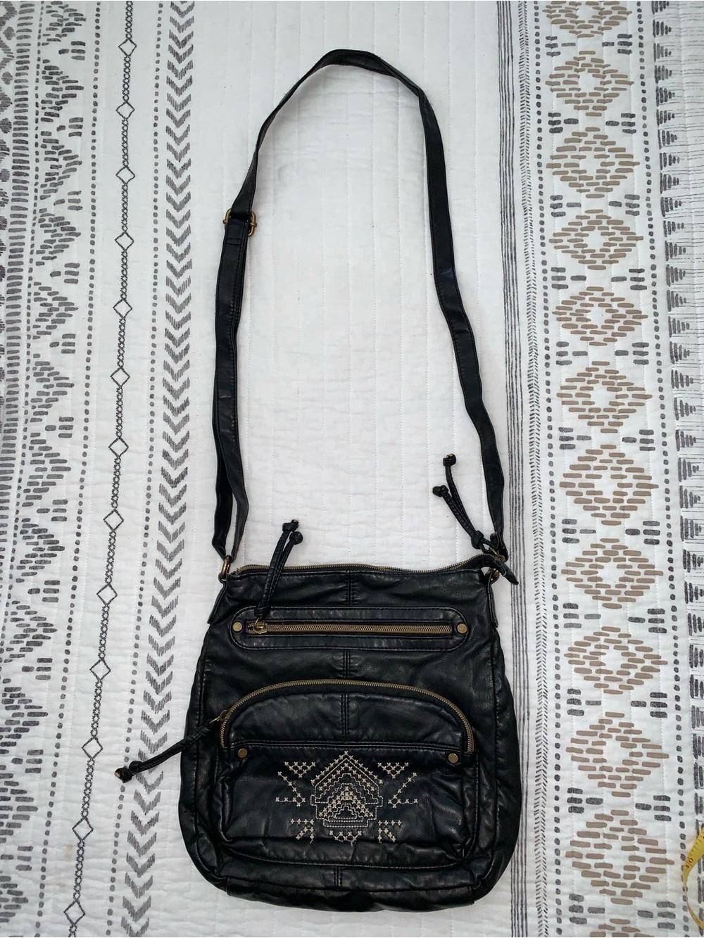 Black Embroidered Crossbody Bag with Adjustable Strap
